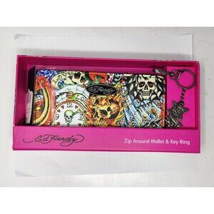 Ed Hardy Skulls Flames Zip Around Wallet and Key Ring, New In Box